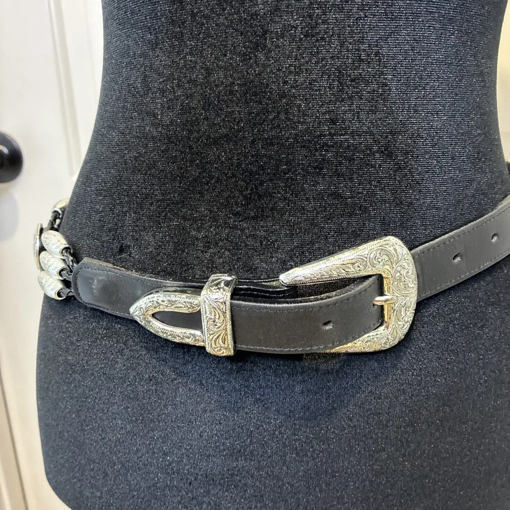 Brighton Blk Leather Western Concho Belt Silver Engraved USA Size 30 90's